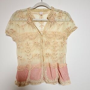 ANTHROPOLOGY Sheer Lace Blouse - Cream and Pink